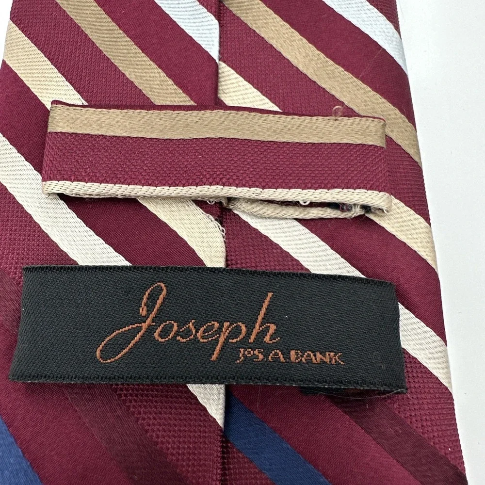 Jos. A. Bank Necktie Mens One Size Burgundy Striped Silk Hand Sewn 58‎ Inch NOS